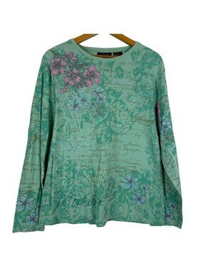 Prairie Mountain Womens XL Cotton Top Mint Green Montana Floral Rhinestone